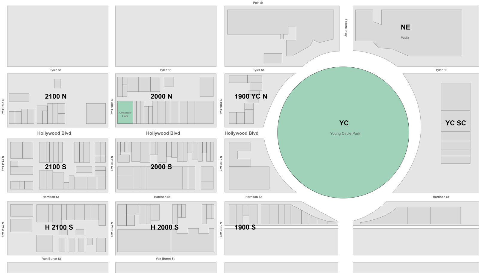 Downtown Hollywood study blocks around Young Circle — the geography behind the foot-traffic analysis. BusinessFlare®.